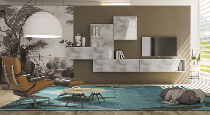 Parete attrezzata Bianco Frassinato con frontali in finitura Cemento, Made in Italy