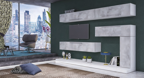 Parete attrezzata finitura Bianco Frassino, elementi sospesi e in appoggio con frontali in finitura Cemento