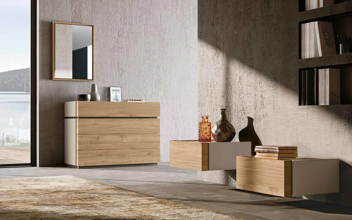 Set Palawan, 2 comodini sospesi e comò, finitura Noce biondo e Visone