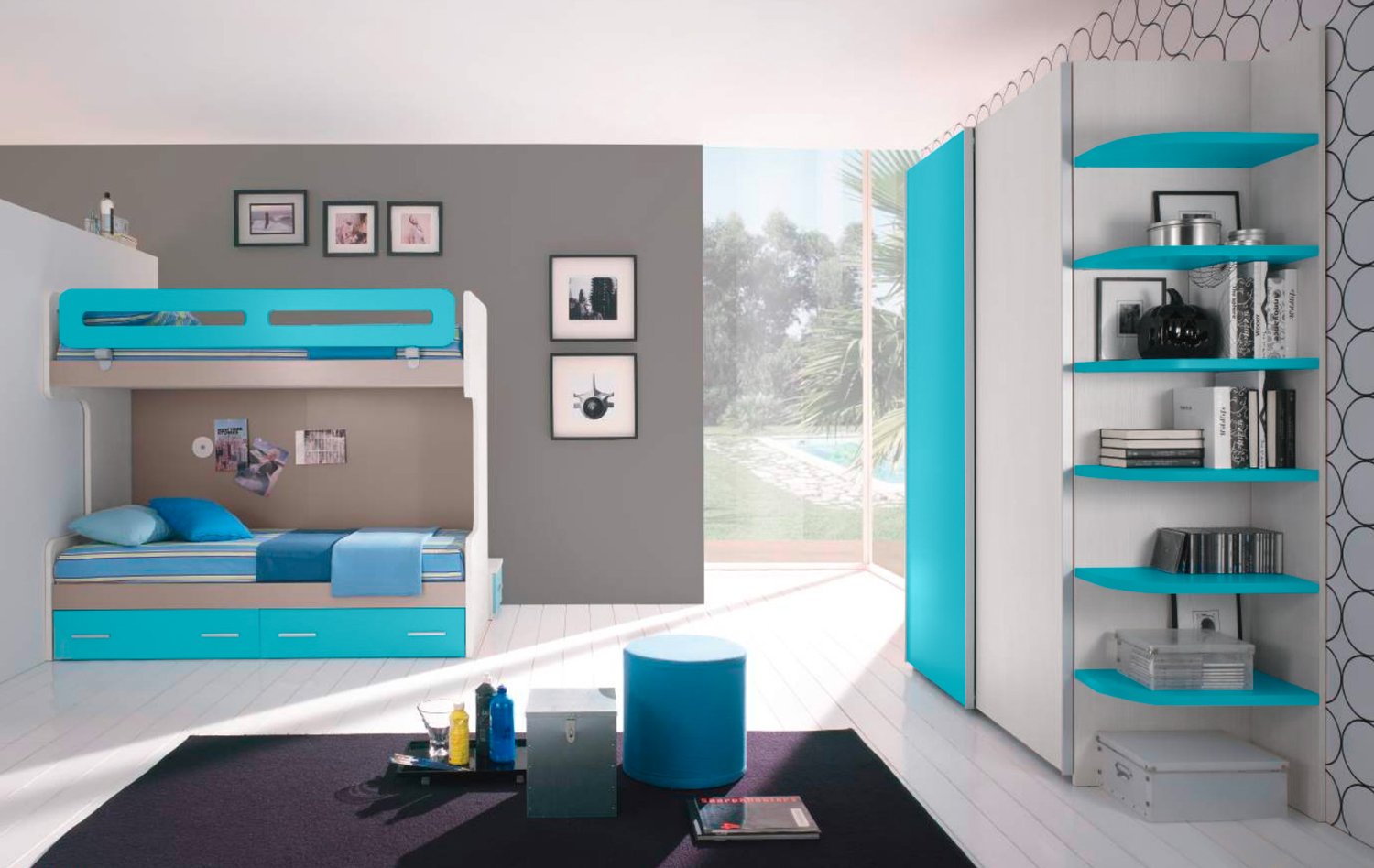 Letto a castello con passerella Riccardo laccato, in finitura Turchese e Tortora 