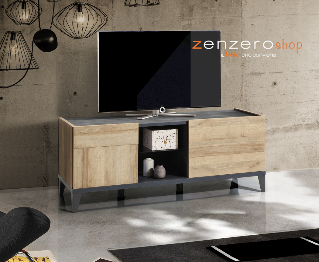 Porta Tv industry con una ribalta, un'anta e un ripiano in finitura Antracite e Rovere