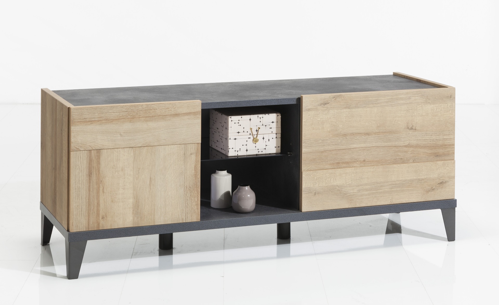 Porta Tv industry con una ribalta, un'anta e un ripiano in finitura Antracite e Rovere