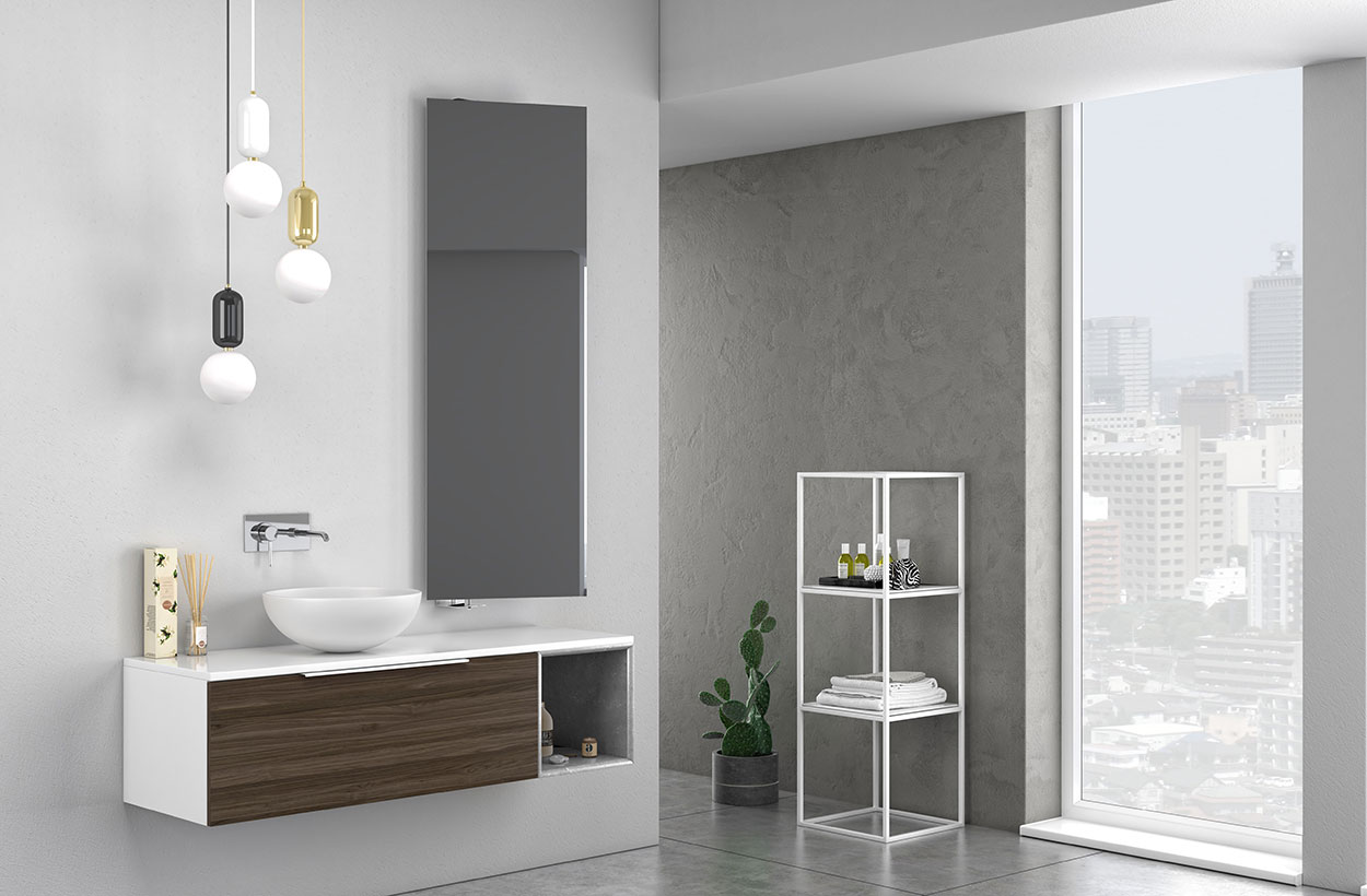 Bagno di design sospeso Bianco, Noce e Grigio con specchio inclinabile