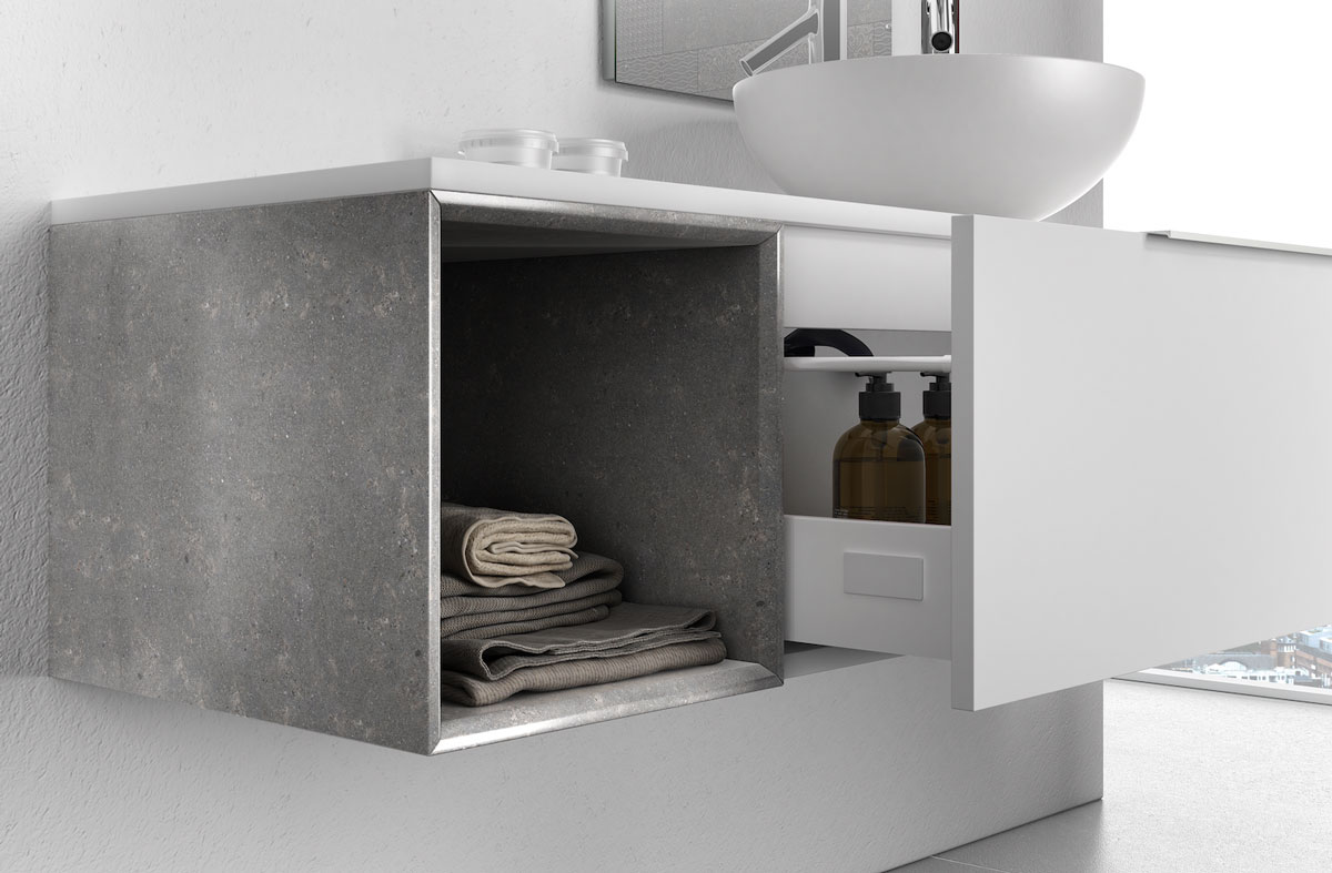 Bagno di design sospeso Bianco, Noce e Grigio con specchio inclinabile