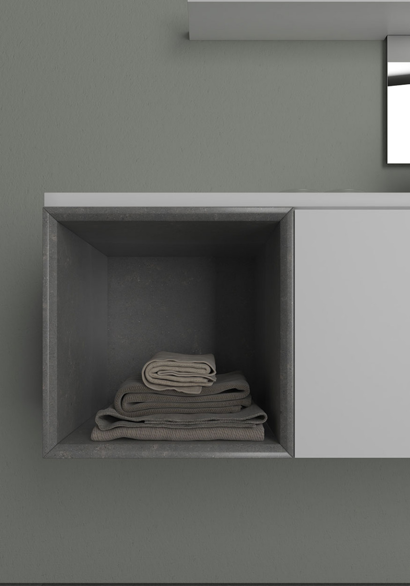 Bagno di design sospeso Bianco, Noce e Grigio con specchio inclinabile