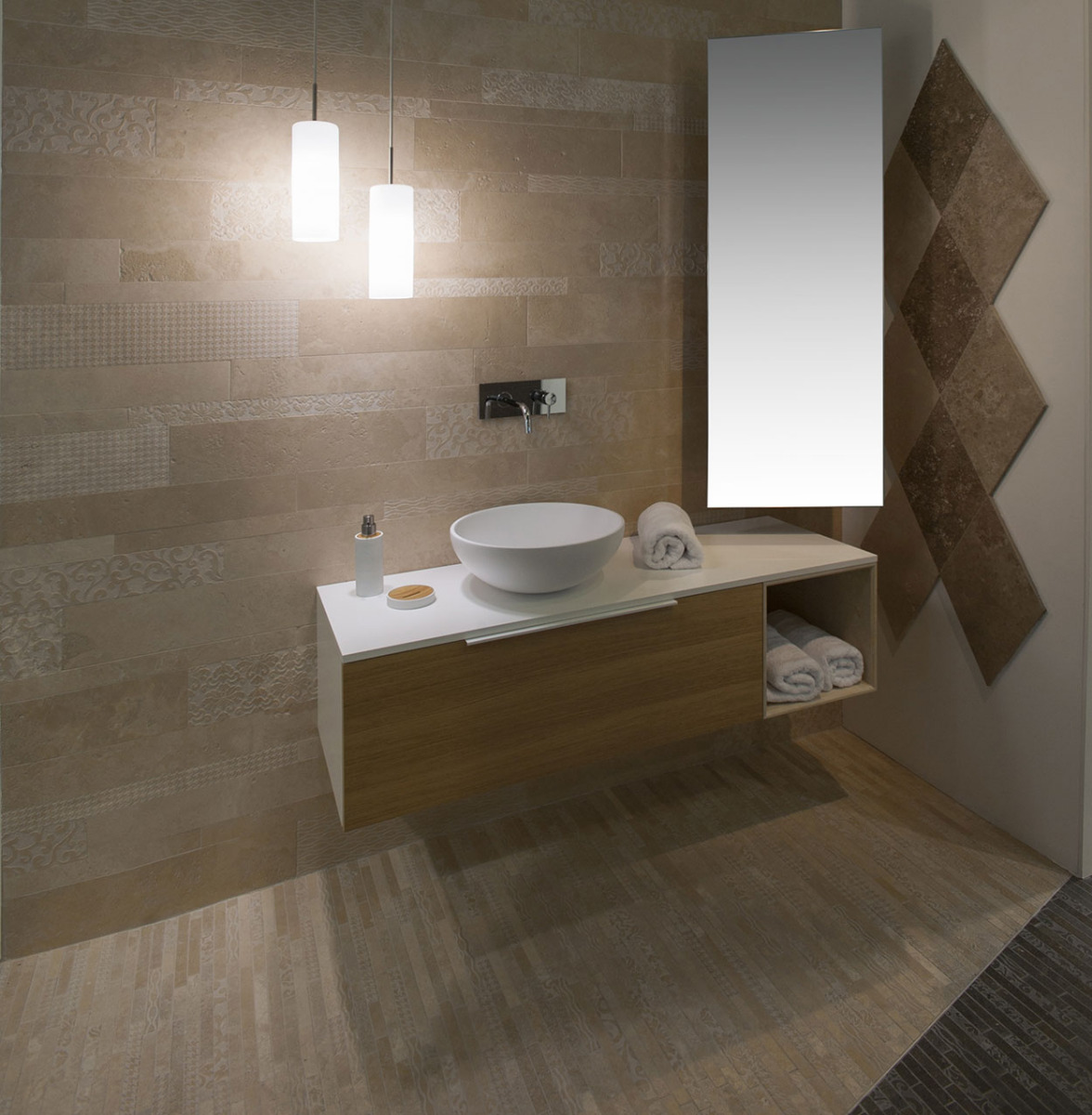 Bagno di design sospeso Bianco, Rovere, Beige con specchio inclinabile