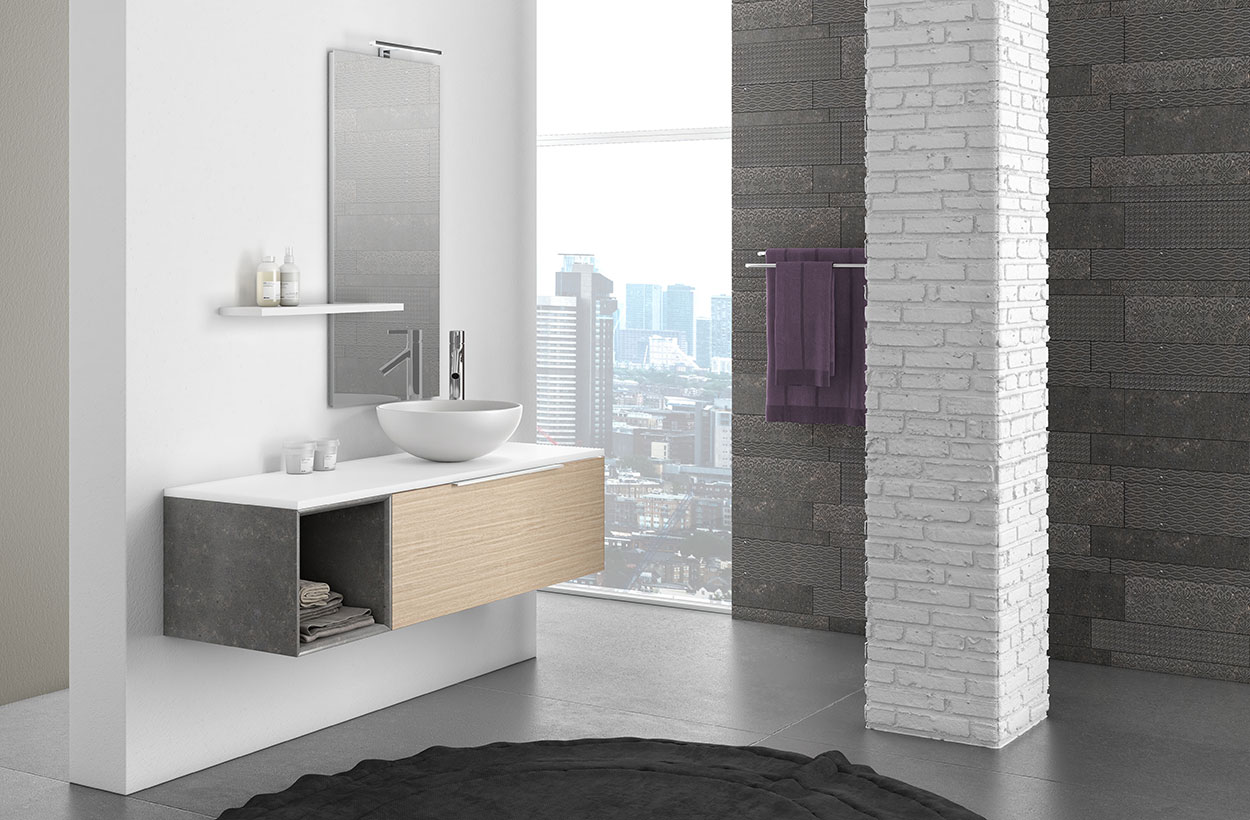 Composizione bagno sospesa Rovere, Bianco con cubotto in pietra naturale Grigia 