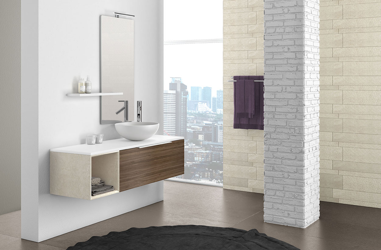 Composizione bagno sospesa Noce, Bianco con cubotto in pietra naturale Beige