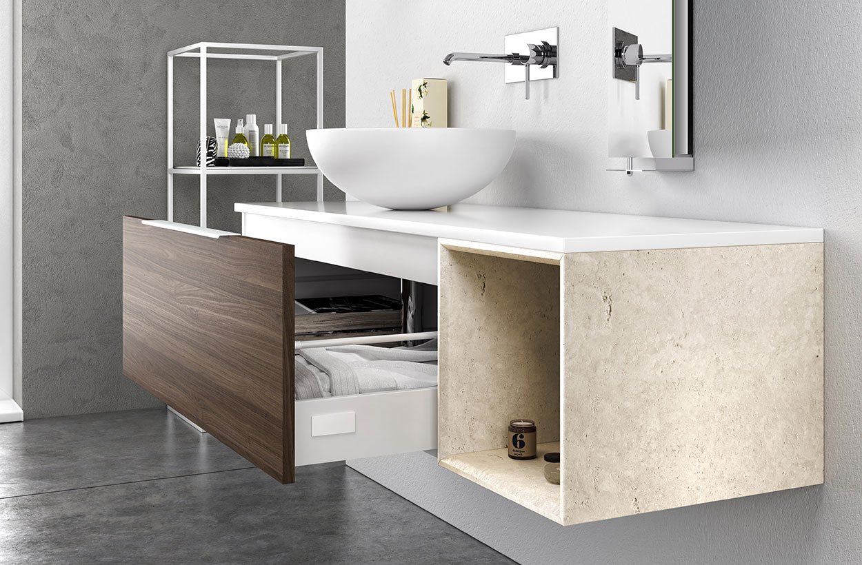Composizione bagno sospesa Noce, Bianco con cubotto in pietra naturale Beige