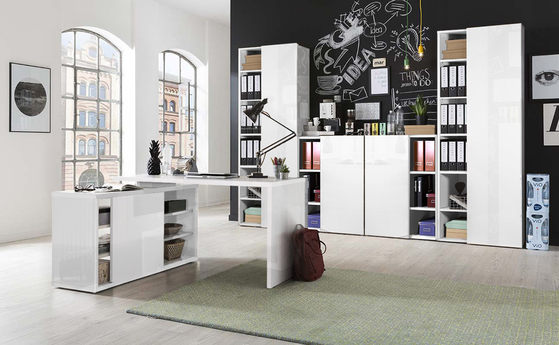 Ufficio Point completo con scrivania ad angolo reversibile in finitura Bianco Lucido