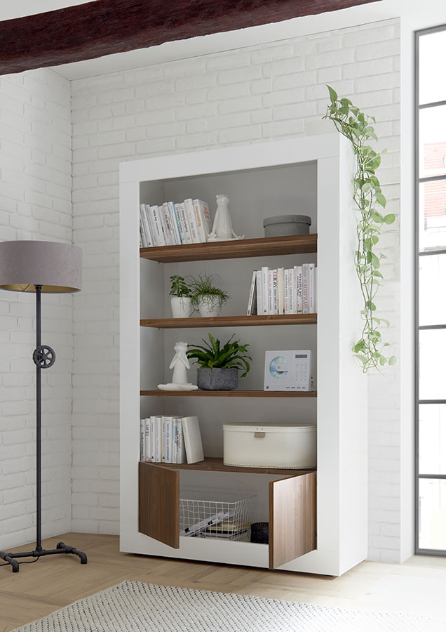 Libreria moderna con 3 ripiani e 2 ante, finitura Bianca Lucida e Noce Dark