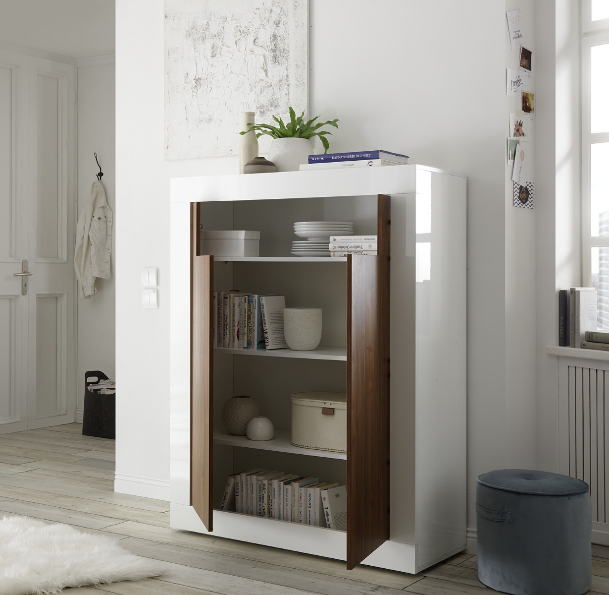 Madia alta moderna, 2 ante, finitura Bianco Lucido e Noce Dark