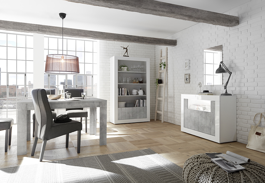 Sala completa di design con Madia 2 ante, Libreria e Tavolo allungabile, finitura bianco lucido e cemento.