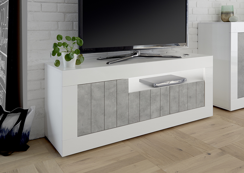 Porta TV a 3 ante, moderno e di design, finitura Bianco Lucido e cemento