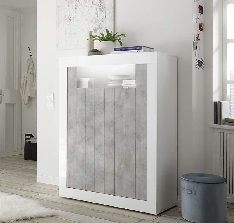 Madia alta moderna, 2 ante, finitura Bianco Lucido e Cemento