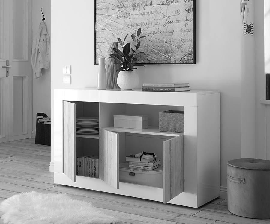 Madia moderna, 3 ante in finitura cemento e ossido