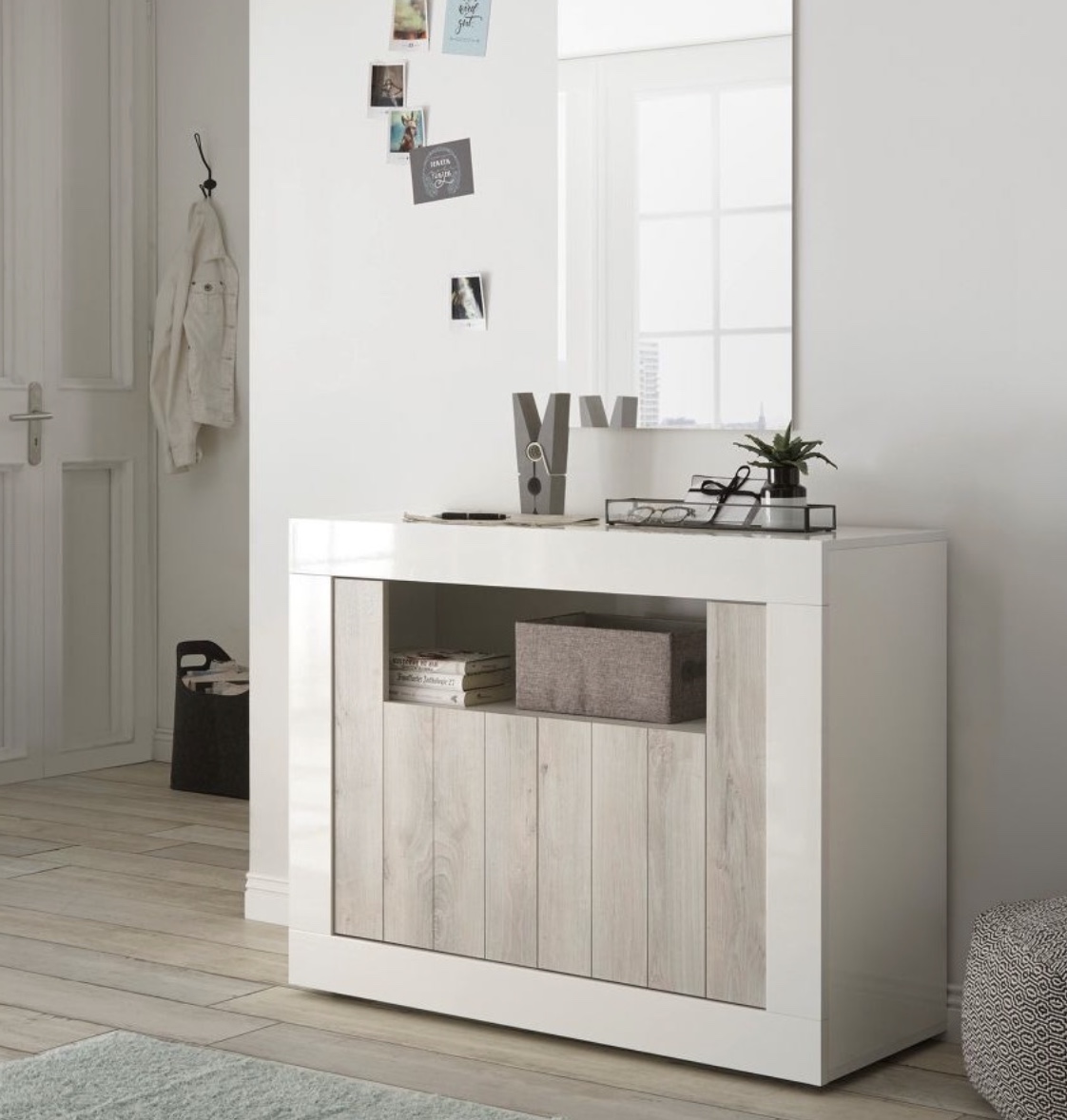 Madia moderna con 2 ante in finitura Pino Bianco e Bianco Lucido