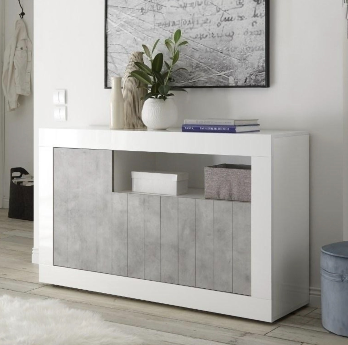 Madia moderna, 3 ante in finitura bianco lucido e cemento