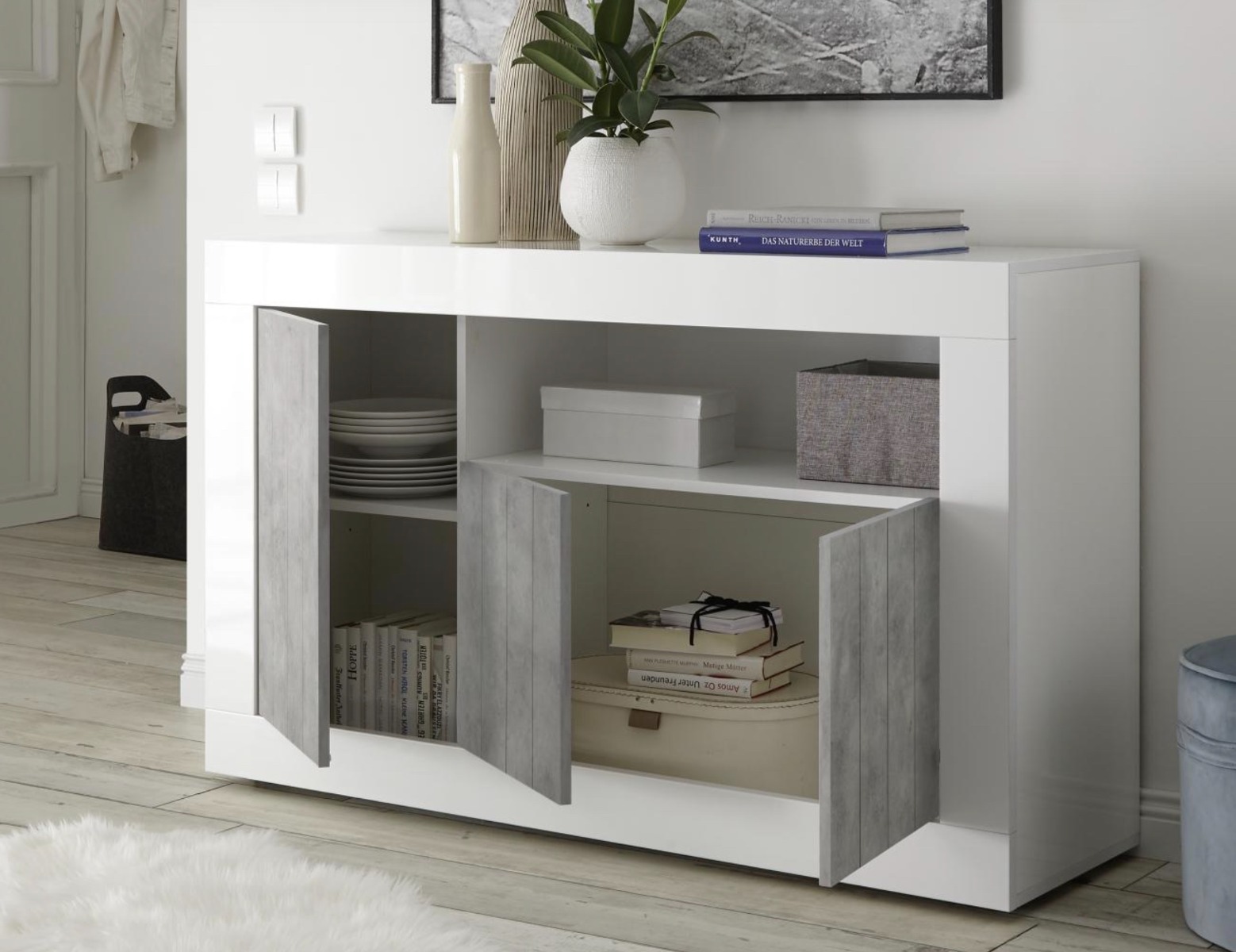 Madia moderna, 3 ante in finitura bianco lucido e cemento