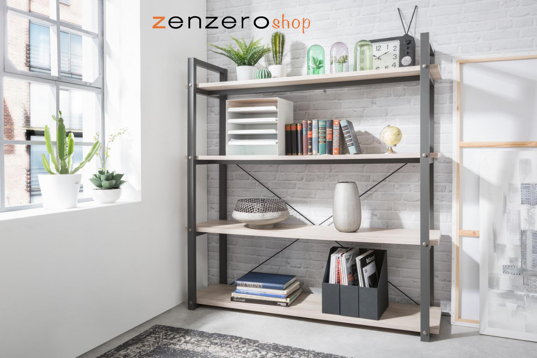 Libreria industrial, 4 ripiani in finitura Quercia