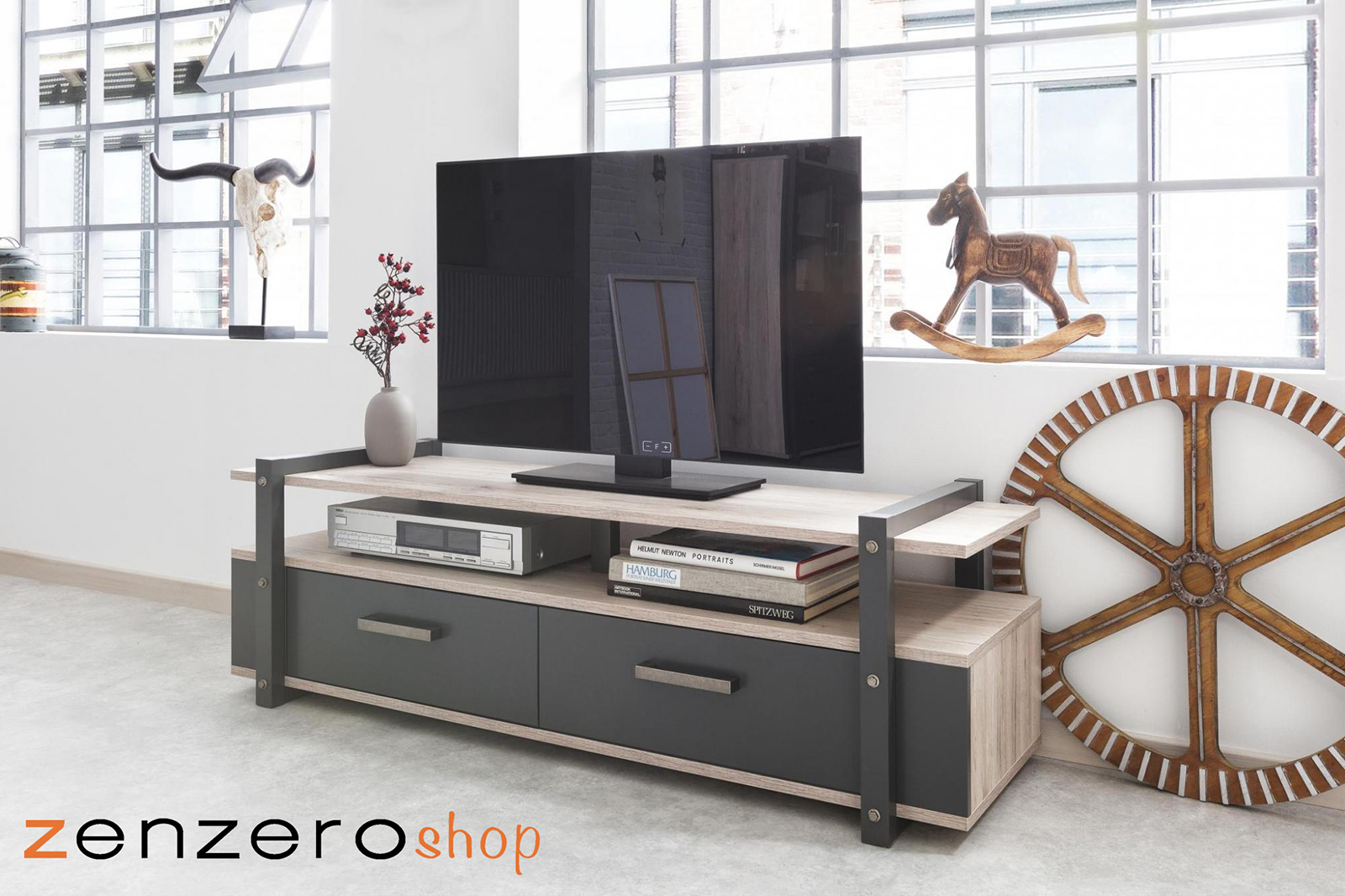 Porta TV industrial con 2 cassetti in finitura Antracite e Quercia