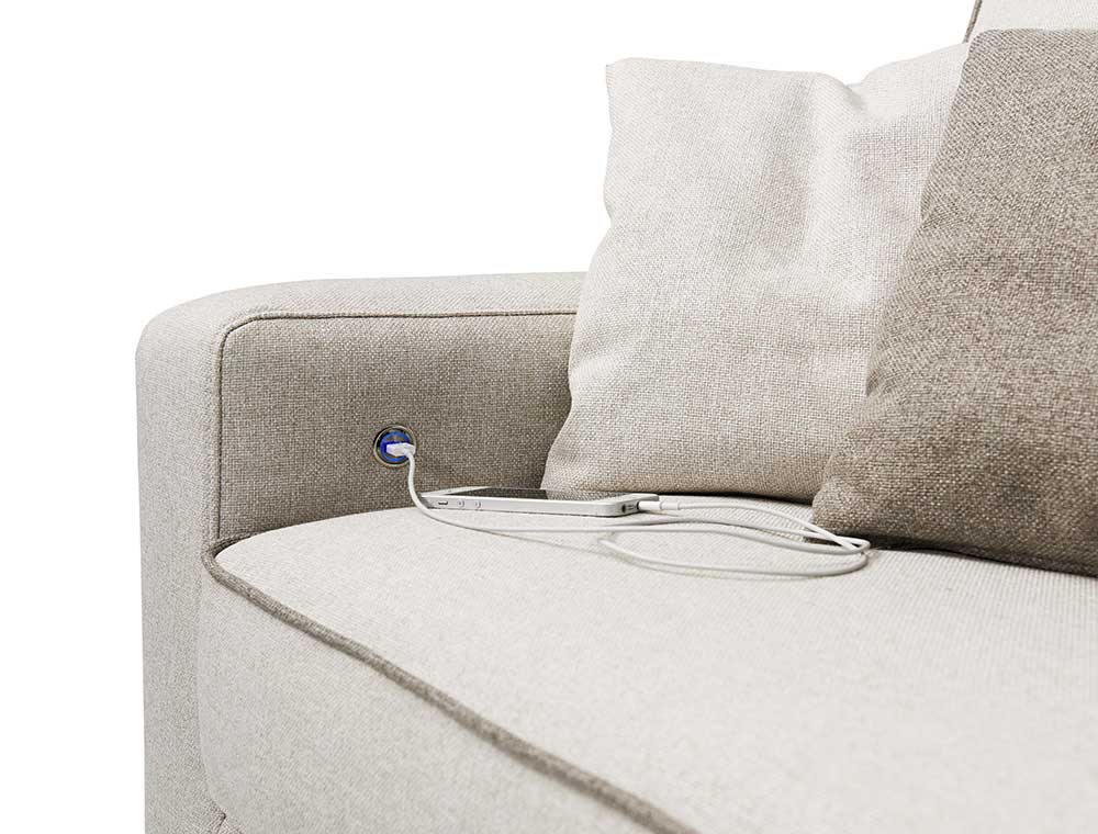 Divano Tor a 2 posti con presa USB integrata, tessuto Burro con bordino Grigio Chiaro