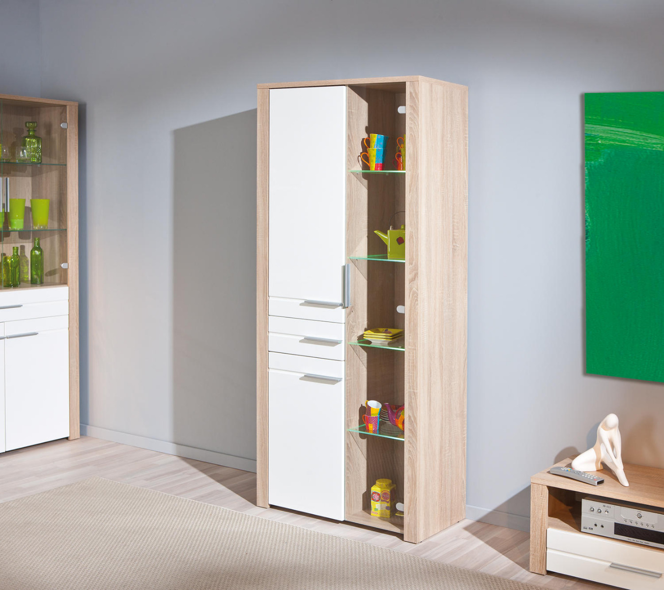 Vetrina Laminato Rovere e Bianco Laccato, con LED e ripiani in vetro temperato