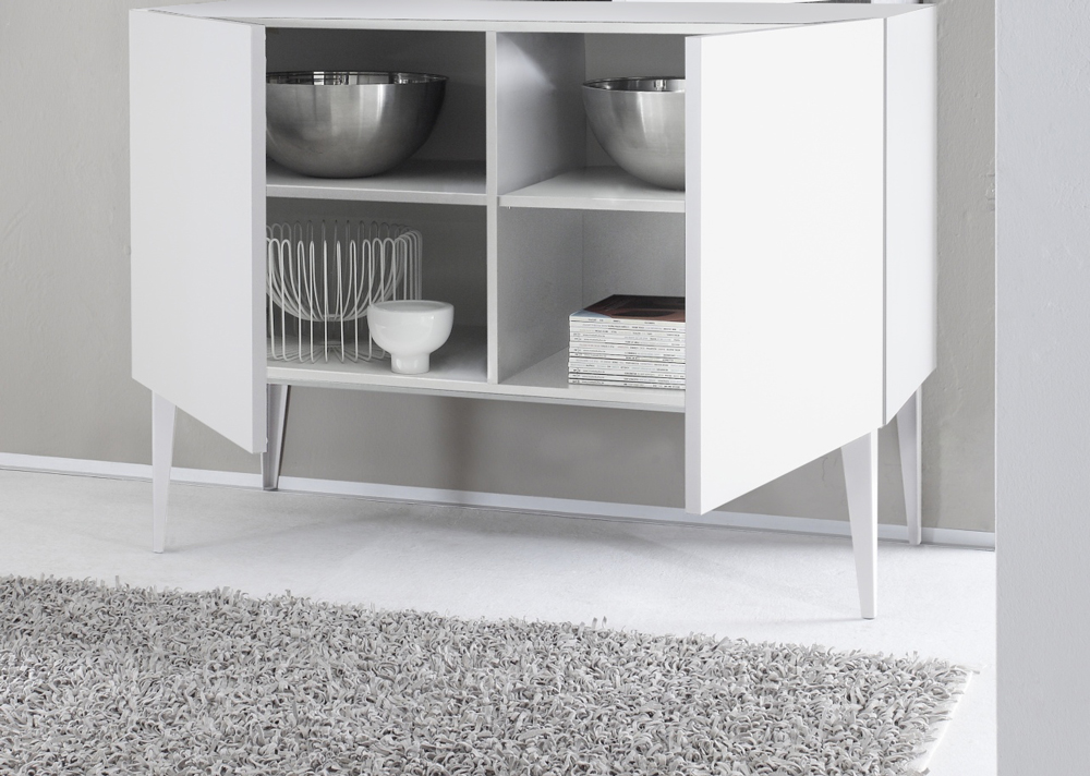 Credenza Moderna, Madia di Design, 2 ante, Bianca opaco con piedini