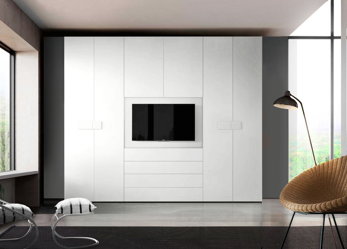Armadio camera letto con vano tv, Bianco Opaco