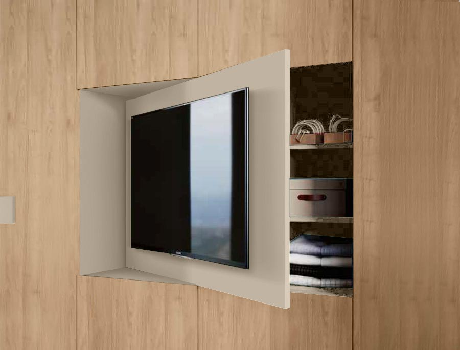 Armadio per camera letto con vano tv, Noce Biondo e Orzo