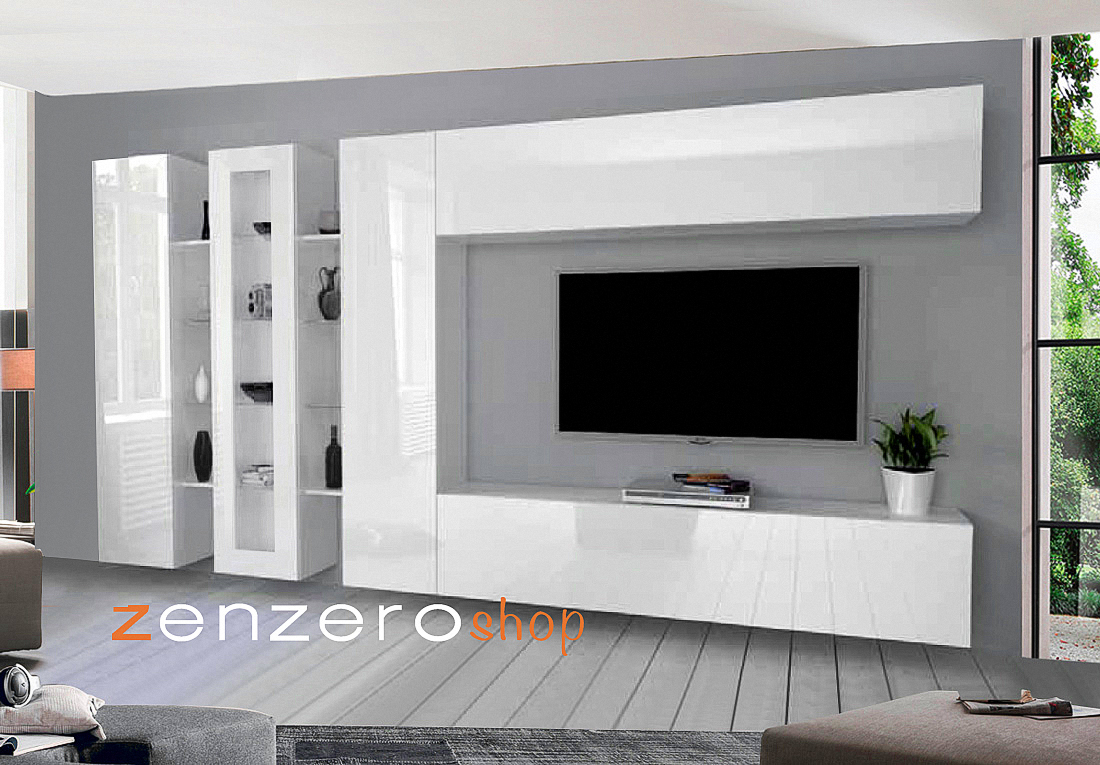 Parete attrezzata con 1 vetrina, 2 colonne e 2 pensili orizzontali, finitura bianco lucido