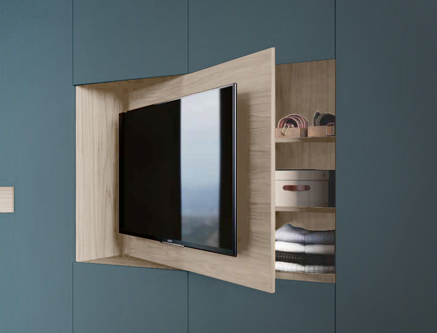 Armadio camera letto con vano tv, Petrolio e Olmo Natura