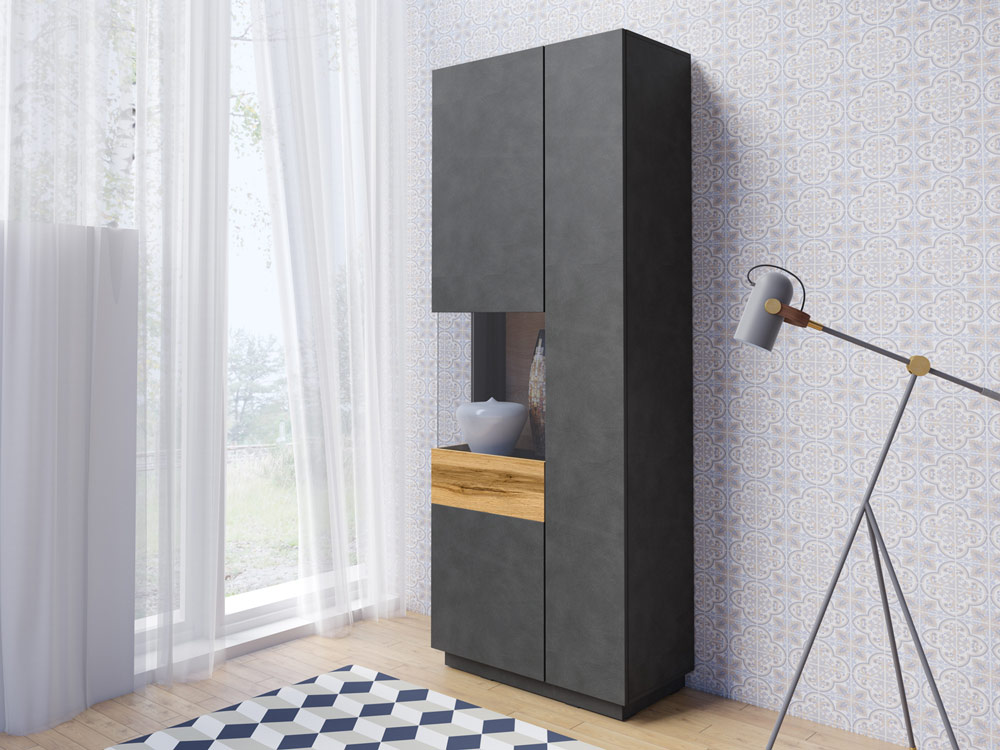 Vetrina di design, colonna a 2 ante, antracite e rovere naturale