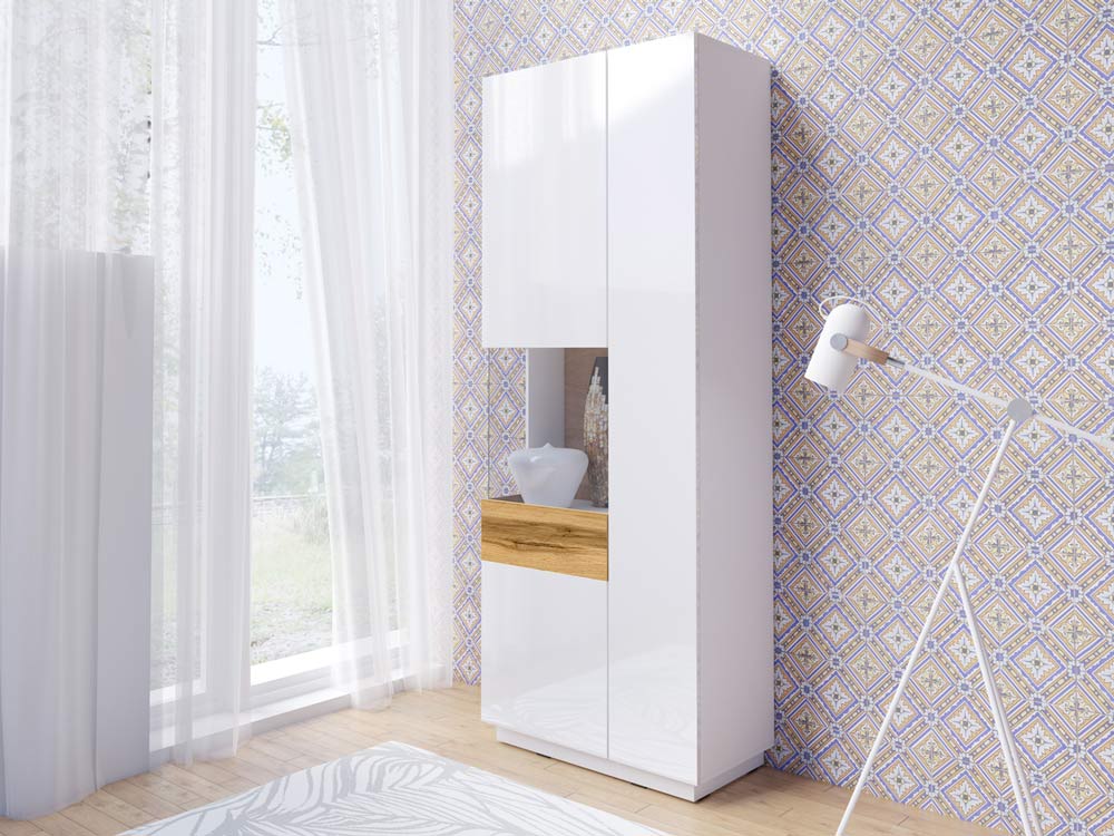 Madia e 2 vetrine moderne bianco lucido e rovere naturale