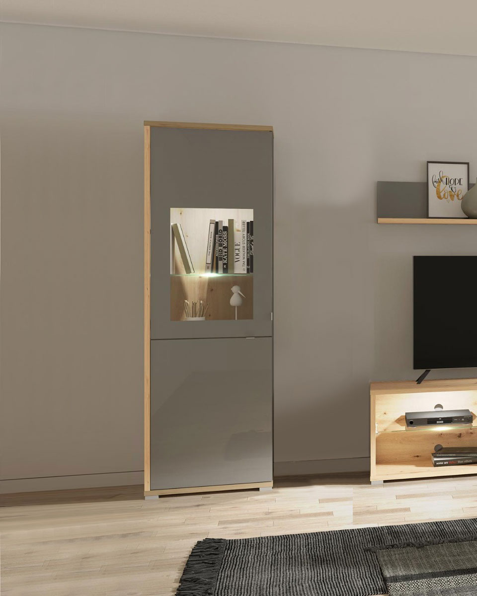 Vetrina con ante vetro grigio, finitura Grafite e Rovere