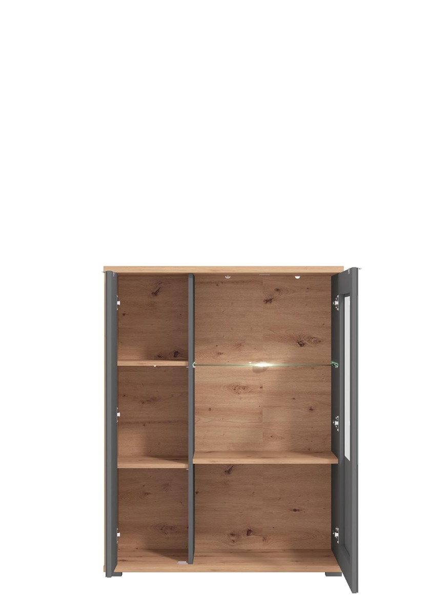 Vetrina bassa con ante vetro grigio, finitura Grafite e Rovere