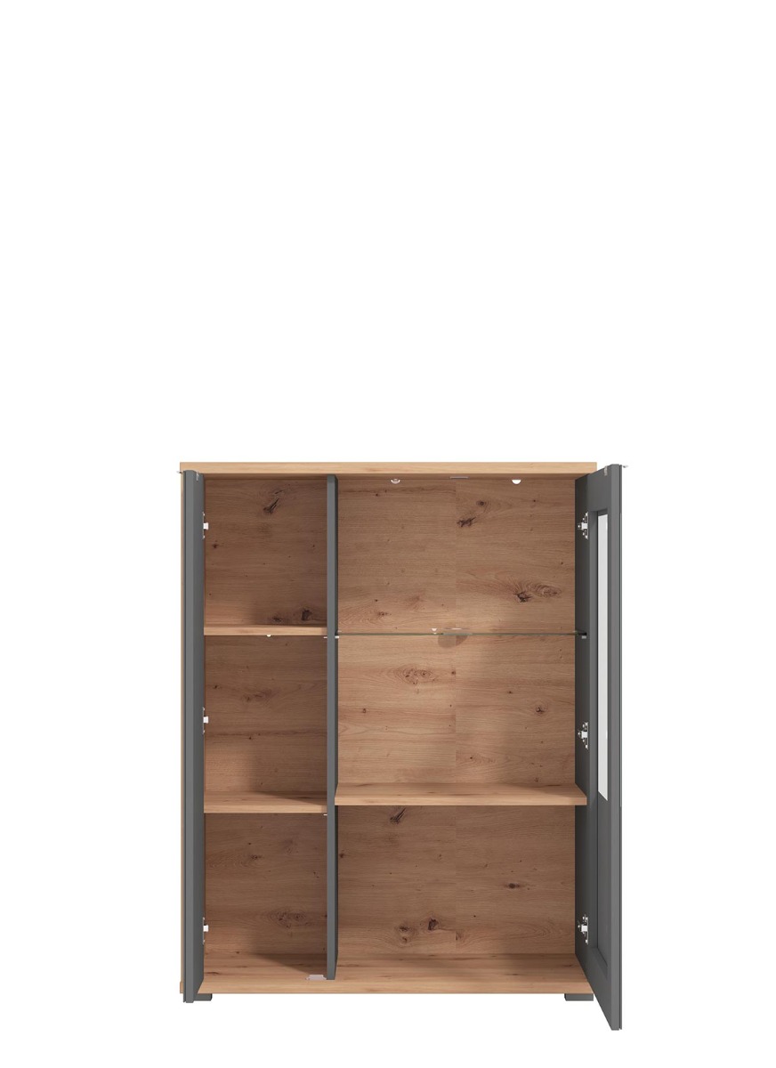 Vetrina bassa con ante vetro grigio, finitura Grafite e Rovere