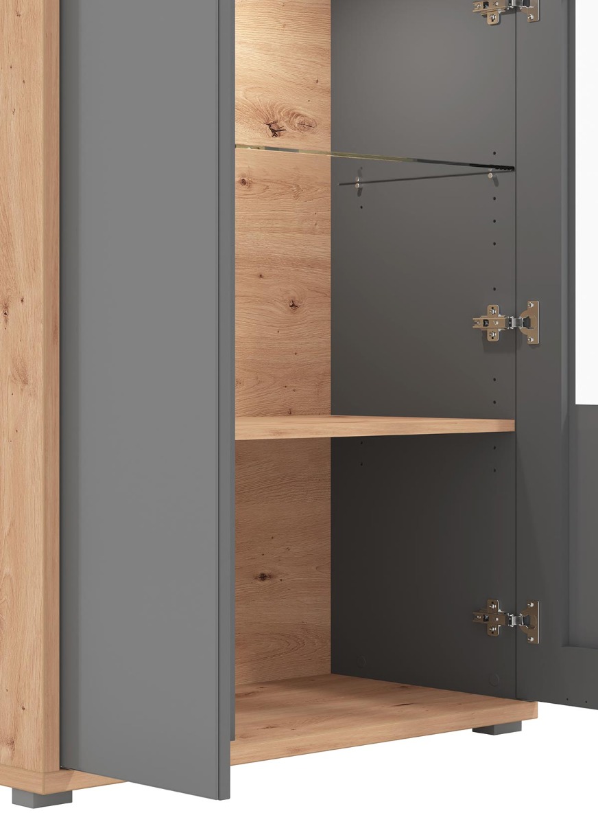 Vetrina bassa con ante vetro grigio, finitura Grafite e Rovere