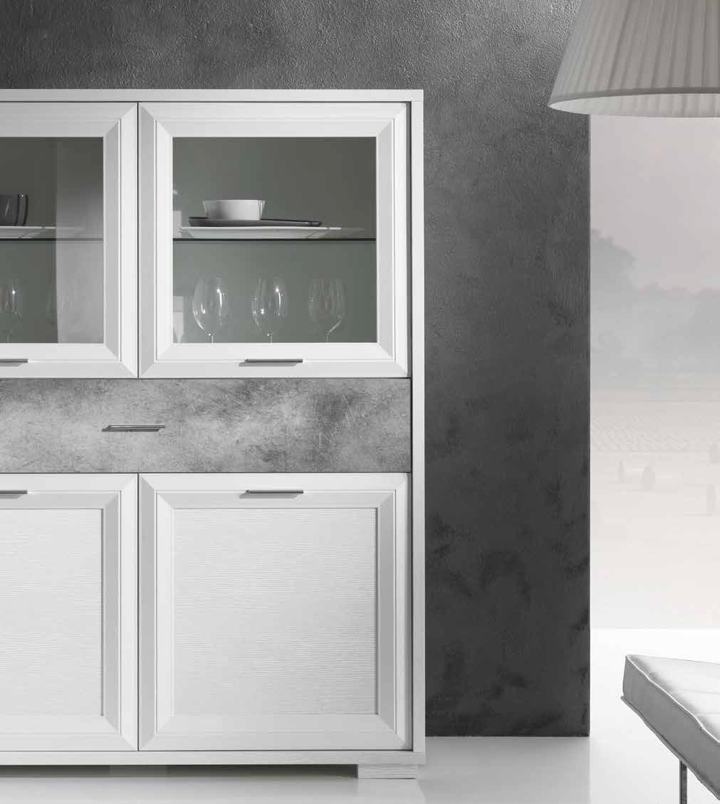 Vetrina Bianco Frassinato con cassetto finitura Spatolato grafite, Made in Italy