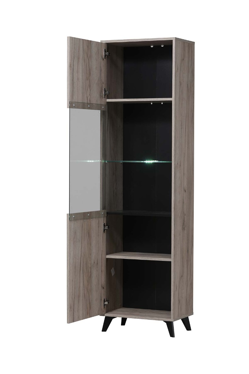 Vetrina 1 anta con piedini, finitura Rovere grigio e Nero