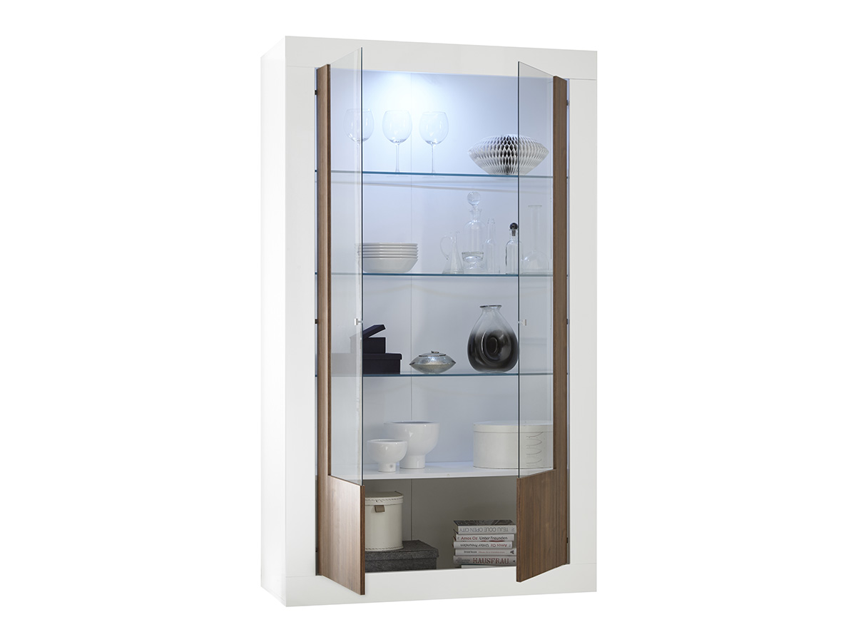 Vetrina moderna con 3 ripiani in vetro e 2 ante, finitura Bianca Lucida e Noce Dark