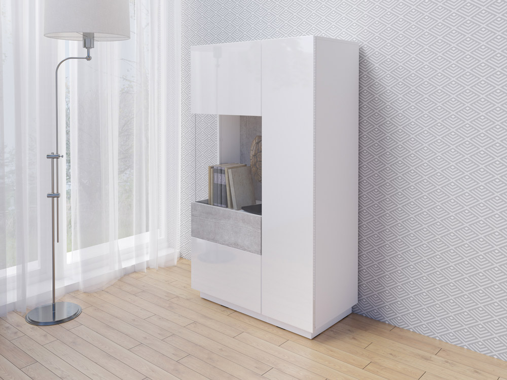 Madia alta contenitore, vetrina di design bianco lucido e cemento H.139