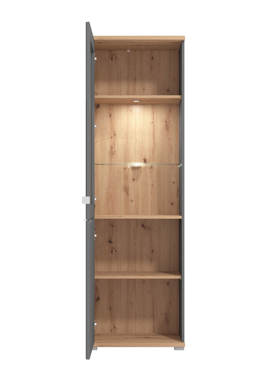 Vetrina con ante vetro grigio, finitura Grafite e Rovere