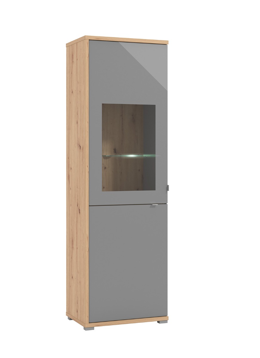 Vetrina con ante vetro grigio, finitura Grafite e Rovere