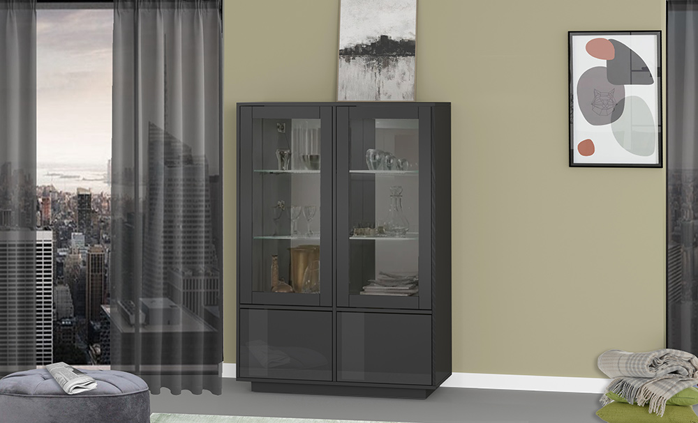 Vetrina di design in finitura antracite laccata lucida