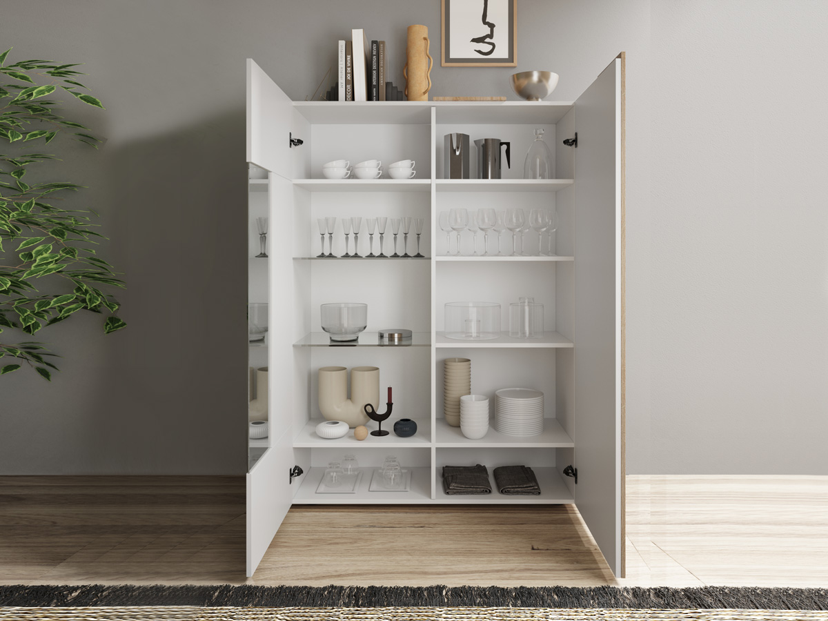 Soggiorno moderno, 1 madia,1 vetrina e 1 tavolo, Kadiz e Bianco lucido