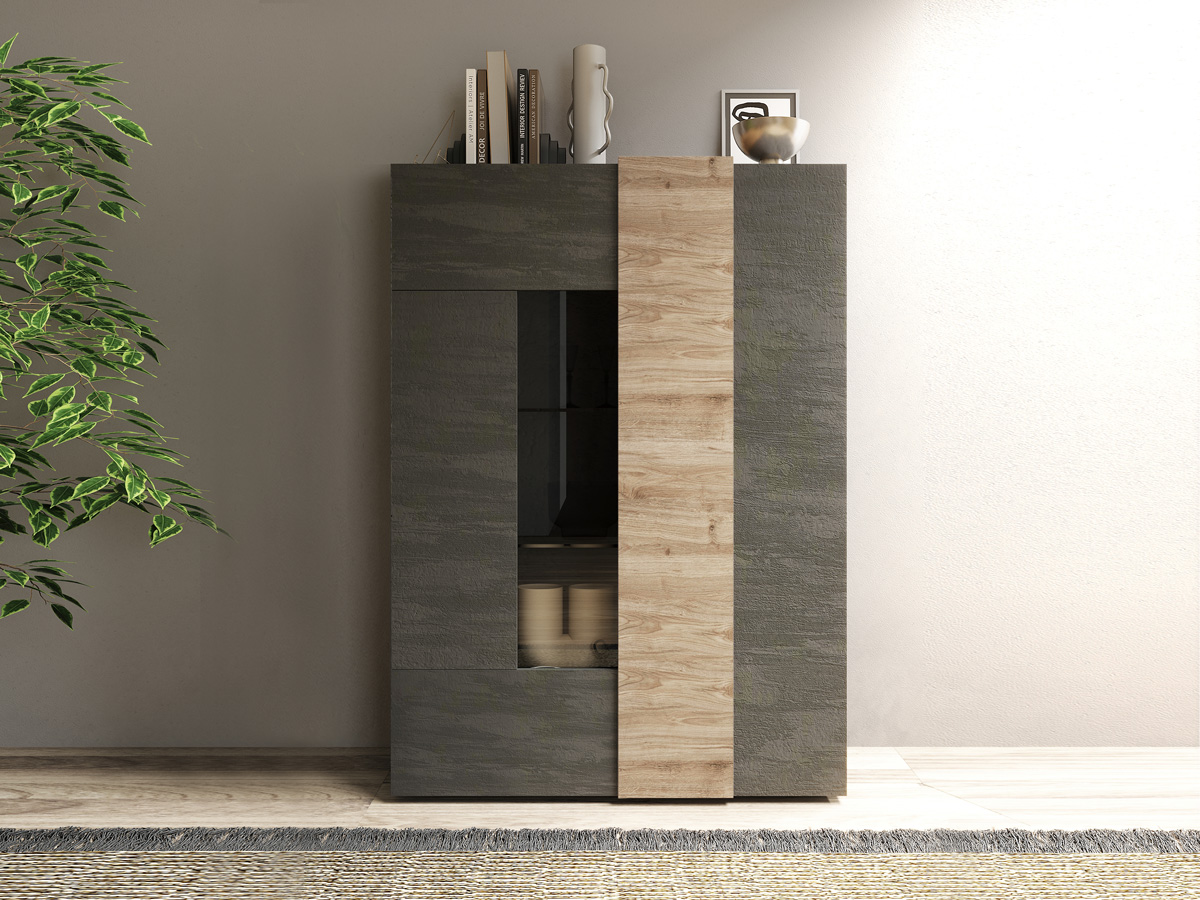 Soggiorno moderno, 1 madia,1 vetrina e 1 tavolo, Kadiz e Titanio Zenzero Shop