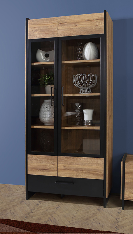 Vetrina Rovere waterford e nero, 2 ante, 1 doppio cassetto