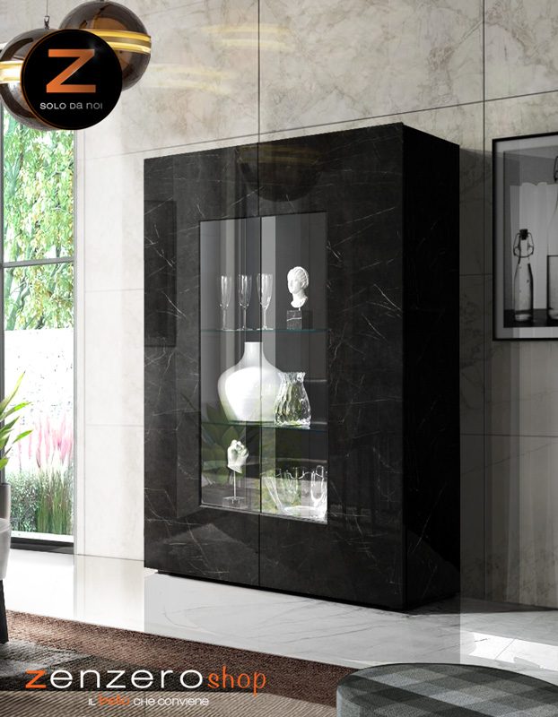 Sala da pranzo in Marmo Lucido Nero di Lusso, composta da Madia, Vetrina e Tavolo