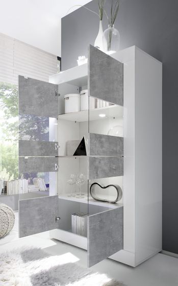 Soggiorno moderno bianco lucido e Cemento con Vetrina e Madia 4 ante